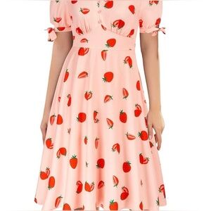 Bell Poque ModCloth: Strawberry Print Pink Dress with Sleeves